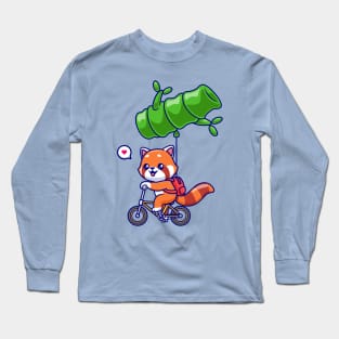 Cute Red Panda Riding Bicycle With Bamboo Balloon Cartoon Long Sleeve T-Shirt